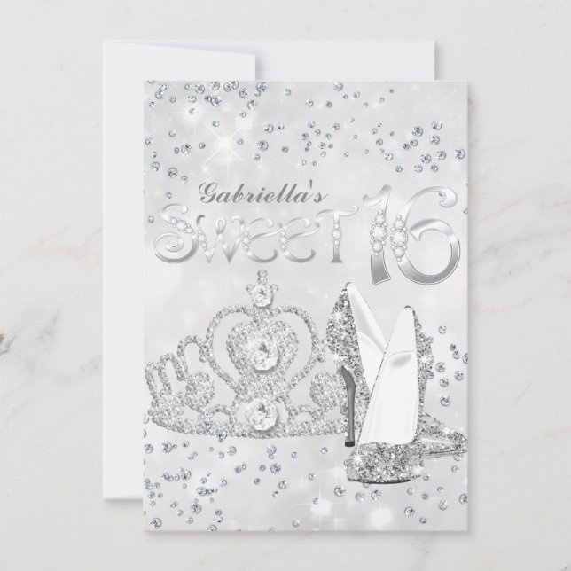 Silver Glitter Tiara & Heels Sweet 16 Invite (Front)