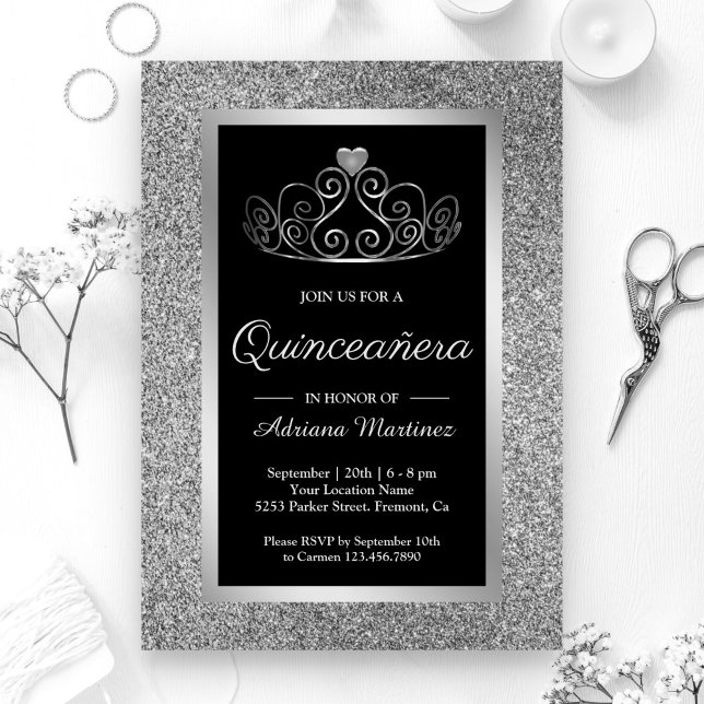 Silver Glitter Tiara Princess Black Quinceanera Invitation (Creator Uploaded)