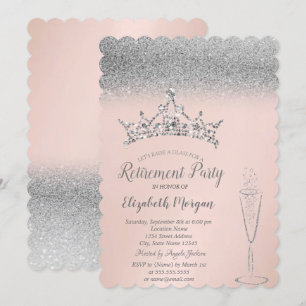 Silver Glitter Tiara Wine Glass Retirement  Invitation