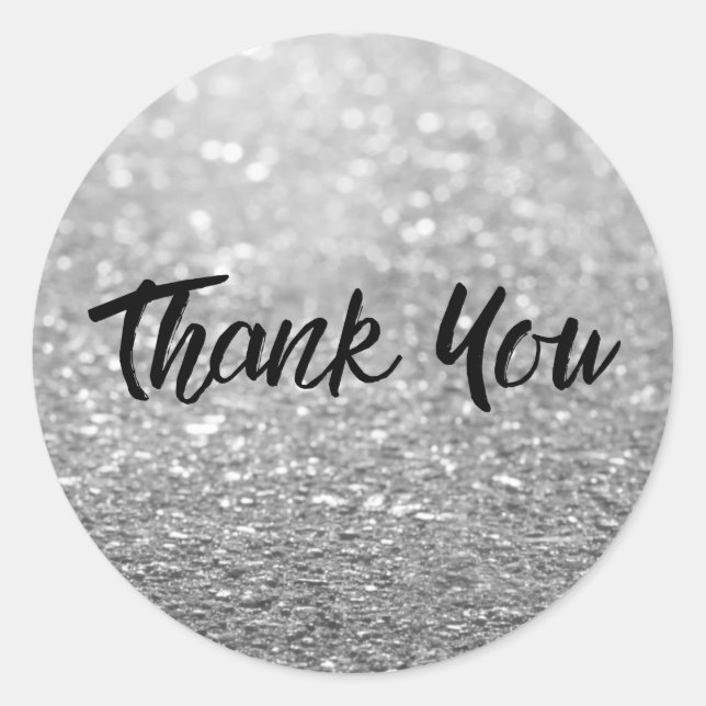 Silver Glitter Trendy Thank You Classic Round Sticker (Front)