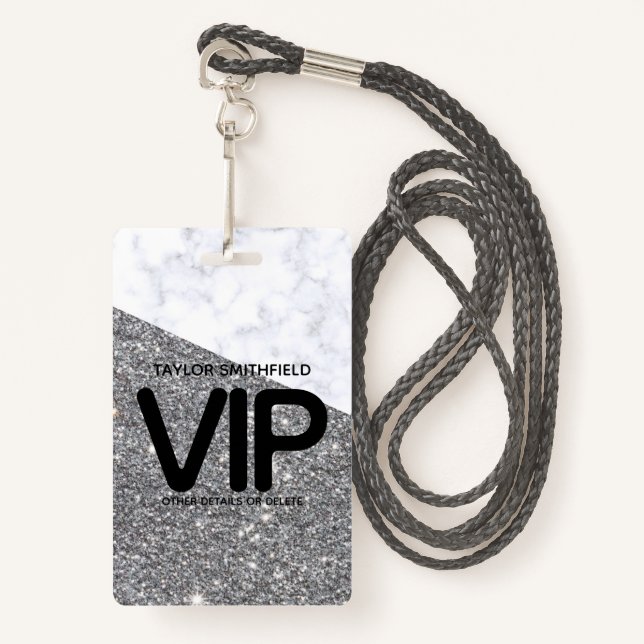 Silver Glitter trendy VIP lanyard badge custom ID Badge (Front with Lanyard)
