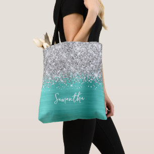 Silver Glitter Turqoise Glam Name Tote Bag
