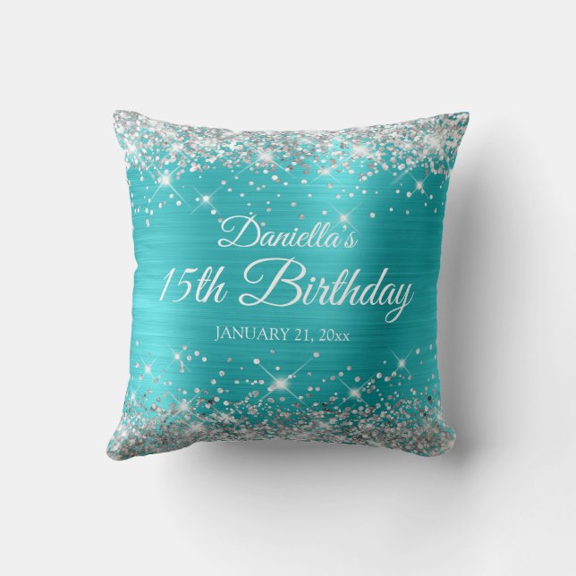 Silver Glitter Turquoise Blue 15th Birthday Cushion (Back)