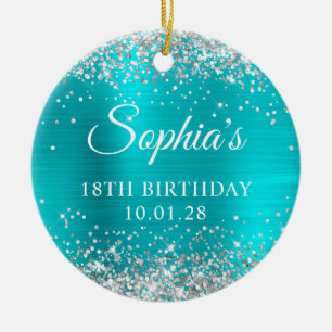 Silver Glitter Turquoise Blue 18th Birthday Photo Ceramic Tree Decoration