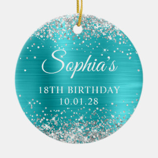 Silver Glitter Turquoise Blue 18th Birthday Photo Ceramic Tree Decoration