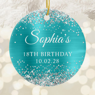 Silver Glitter Turquoise Blue 18th Birthday Photo Ceramic Tree Decoration