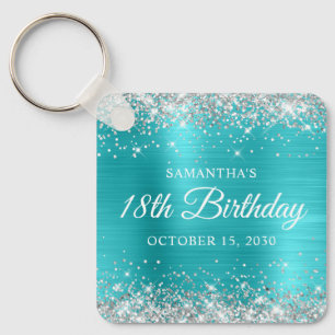 Silver Glitter Turquoise Blue Foil 18th Birthday Key Ring