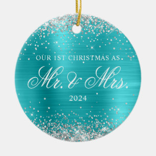 Silver Glitter Turquoise Blue Foil 1st Christmas Ceramic Tree Decoration