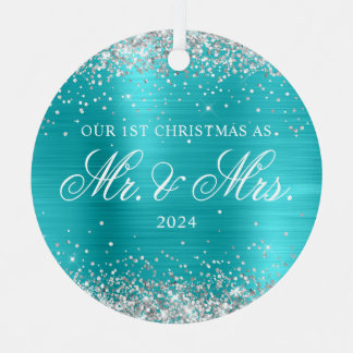 Silver Glitter Turquoise Blue Foil 1st Christmas Metal Tree Decoration