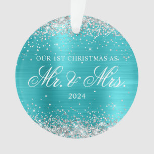 Silver Glitter Turquoise Blue Foil 1st Christmas Ornament