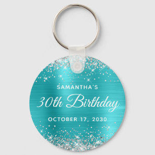 Silver Glitter Turquoise Blue Foil 30th Birthday Key Ring