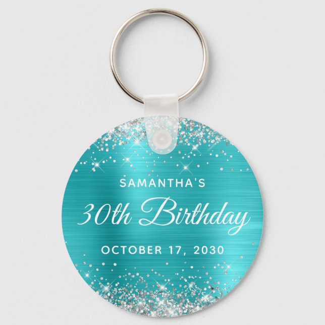Silver Glitter Turquoise Blue Foil 30th Birthday Key Ring (Front)