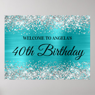 Silver Glitter Turquoise Blue Foil 40th Birthday Poster