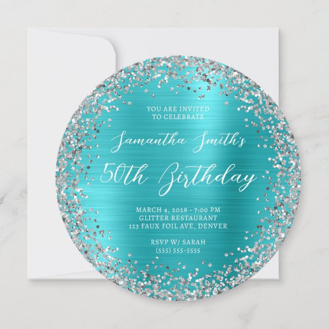 Silver Glitter Turquoise Blue Foil 50th Birthday Invitation (Front)
