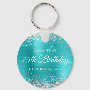 Silver Glitter Turquoise Blue Foil 75th Birthday Key Ring