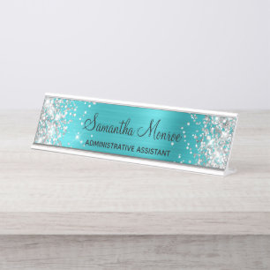 Silver Glitter Turquoise Blue Foil Desk Name Plate