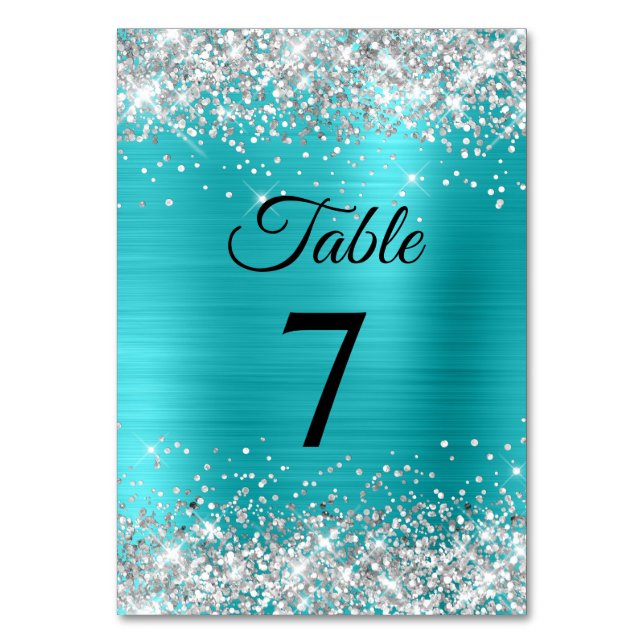 Silver Glitter Turquoise Blue Foil Elegant Table Number (Front)