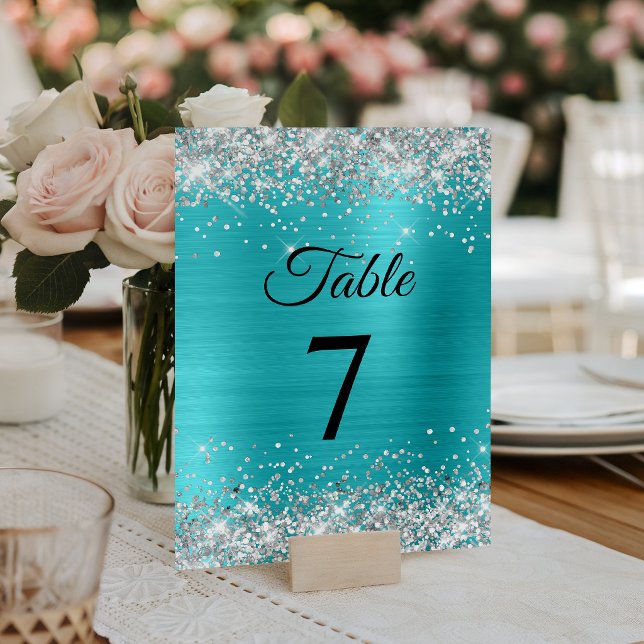 Silver Glitter Turquoise Blue Foil Elegant Table Number (Silver Glitter Turquoise Blue Foil Elegant Table Number)