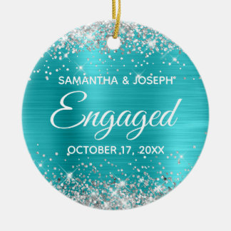 Silver Glitter Turquoise Blue Foil Engaged Ceramic Tree Decoration