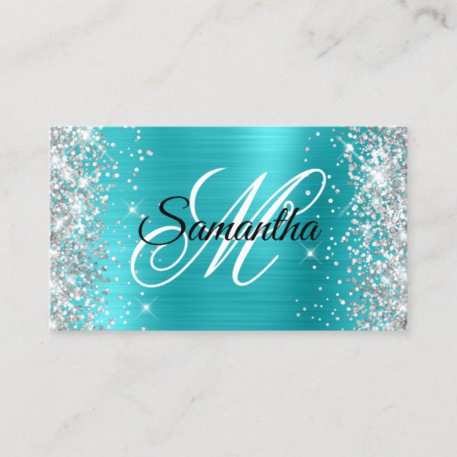 Silver Glitter Turquoise Blue Foil Fancy Monogram Business Card (Front)