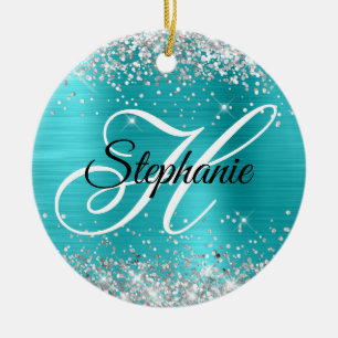Silver Glitter Turquoise Blue Foil Fancy Monogram Ceramic Tree Decoration