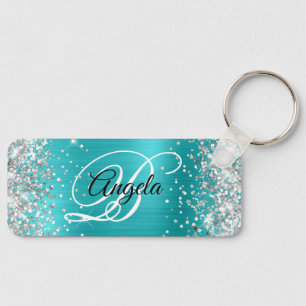 Silver Glitter Turquoise Blue Foil Fancy Monogram Key Ring