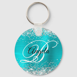 Silver Glitter Turquoise Blue Foil Fancy Monogram Key Ring