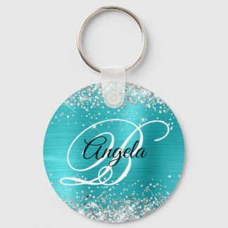 Silver Glitter Turquoise Blue Foil Fancy Monogram Key Ring