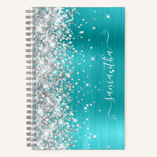Silver Glitter Turquoise Blue Foil Girly Signature Notebook