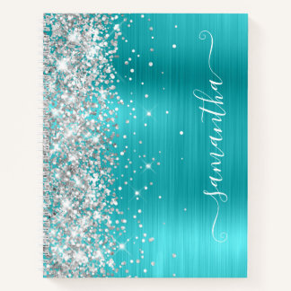 Silver Glitter Turquoise Blue Foil Girly Signature Notebook