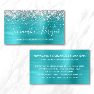 Silver Glitter Turquoise Blue Foil Online Store Business Card