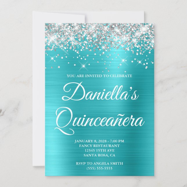 Silver Glitter Turquoise Blue Foil Quinceañera Invitation (Front)