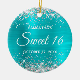 Silver Glitter Turquoise Blue Foil Sweet 16 Ceramic Tree Decoration