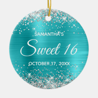 Silver Glitter Turquoise Blue Foil Sweet 16 Ceramic Tree Decoration