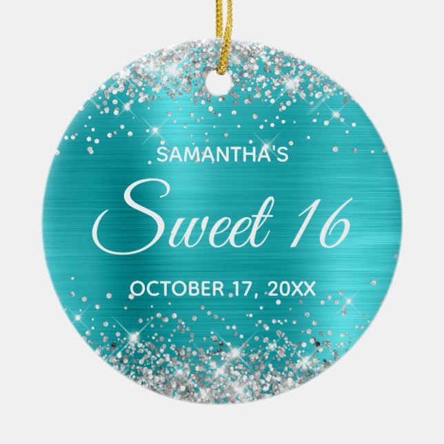 Silver Glitter Turquoise Blue Foil Sweet 16 Ceramic Tree Decoration (Front)