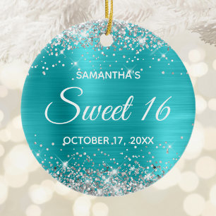 Silver Glitter Turquoise Blue Foil Sweet 16 Ceramic Tree Decoration