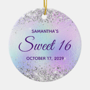 Silver Glitter Turquoise Blue Foil Sweet 16 Ceramic Tree Decoration