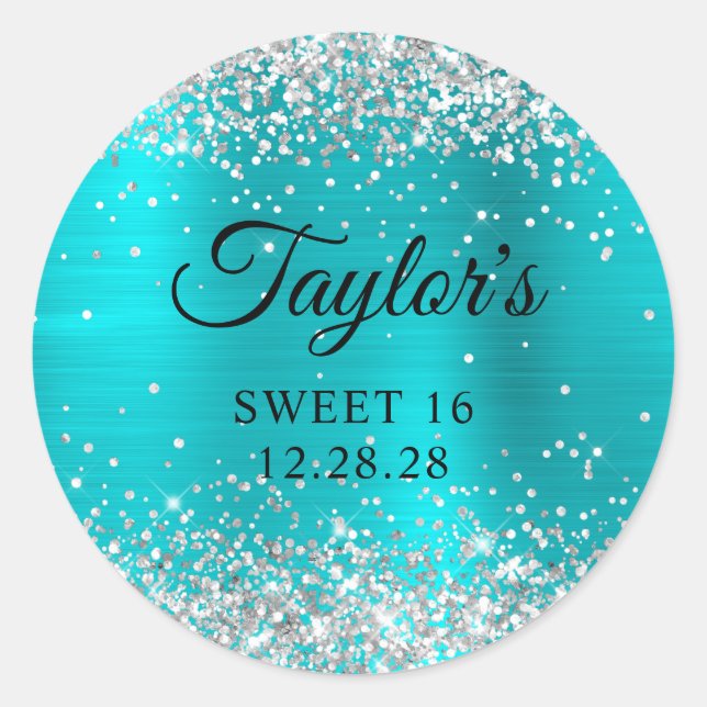 Silver Glitter Turquoise Blue Foil Sweet 16 Classic Round Sticker (Front)
