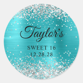 Silver Glitter Turquoise Blue Foil Sweet 16 Classic Round Sticker