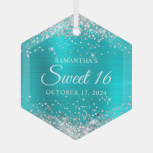 Silver Glitter Turquoise Blue Foil Sweet 16 Glass Tree Decoration