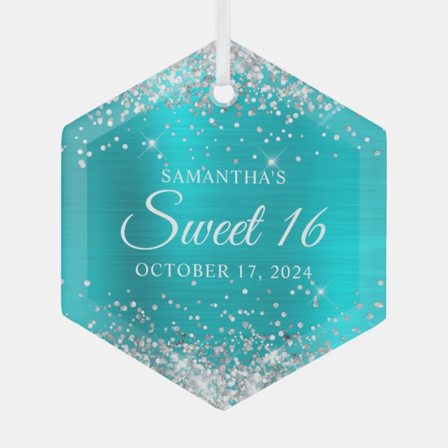 Silver Glitter Turquoise Blue Foil Sweet 16 Glass Tree Decoration (Front)
