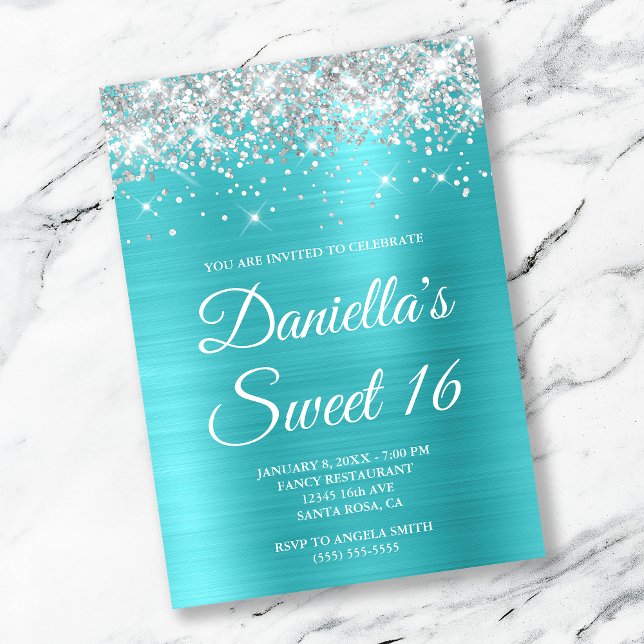 Silver Glitter Turquoise Blue Foil Sweet 16 Invitation (Creator Uploaded)