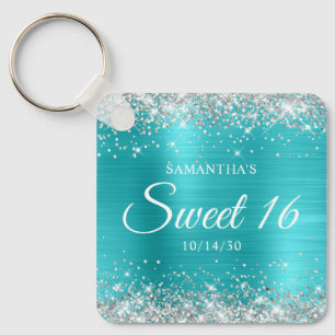 Silver Glitter Turquoise Blue Foil Sweet 16 Key Ring