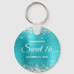 Silver Glitter Turquoise Blue Foil Sweet 16 Key Ring