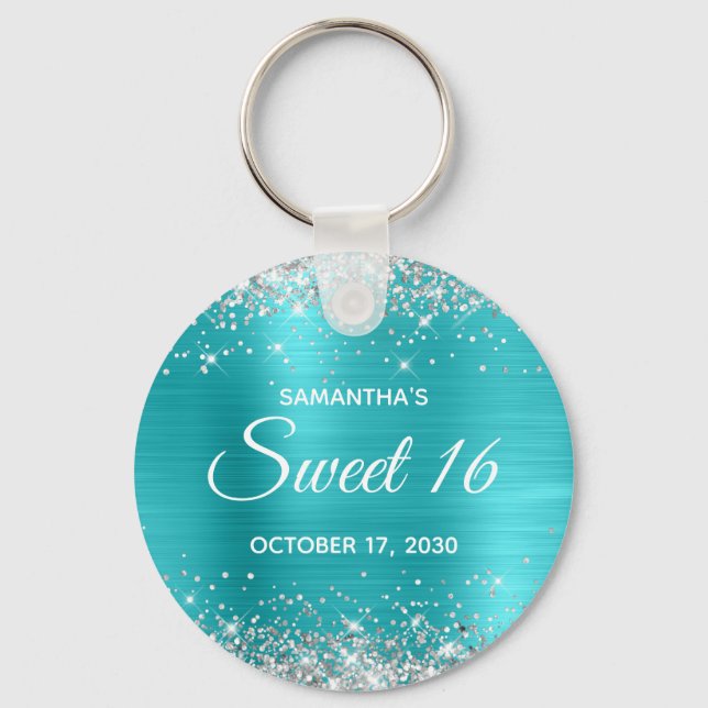 Silver Glitter Turquoise Blue Foil Sweet 16 Key Ring (Front)