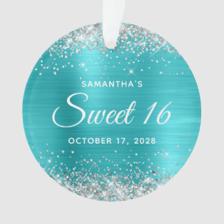 Silver Glitter Turquoise Blue Foil Sweet 16 Ornament