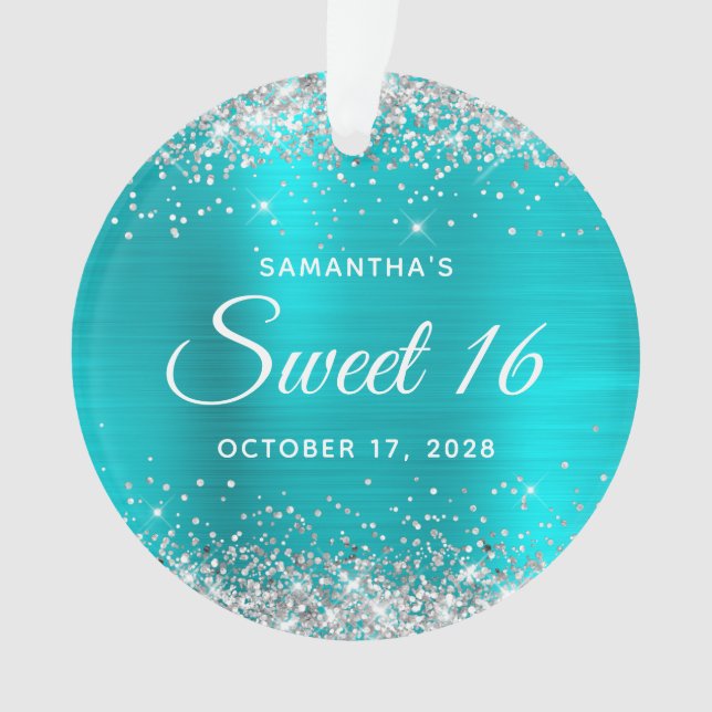 Silver Glitter Turquoise Blue Foil Sweet 16 Ornament (Front)