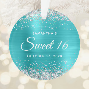 Silver Glitter Turquoise Blue Foil Sweet 16 Ornament