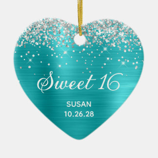 Silver Glitter Turquoise Blue Foil Sweet 16 Photo Ceramic Tree Decoration