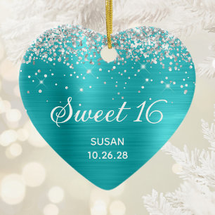 Silver Glitter Turquoise Blue Foil Sweet 16 Photo Ceramic Tree Decoration